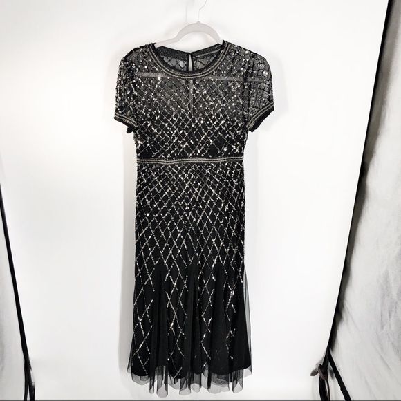 Adrianna Papell Cap Sleeve Beaded Gown Black sz8 - Picture 3 of 5